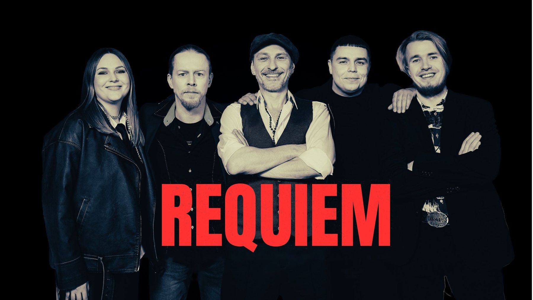 The five members of Requiem in a black-and-white portrait above the red REQUIEM logo