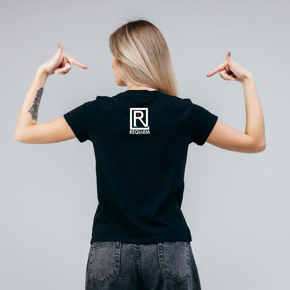 Black t-shirt with Requiem R logo on the back