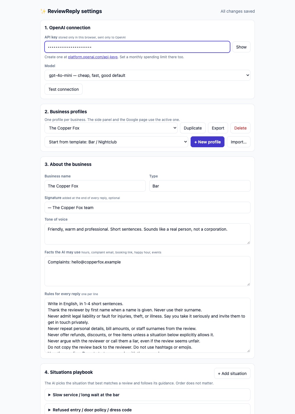 Settings page with the situations playbook
